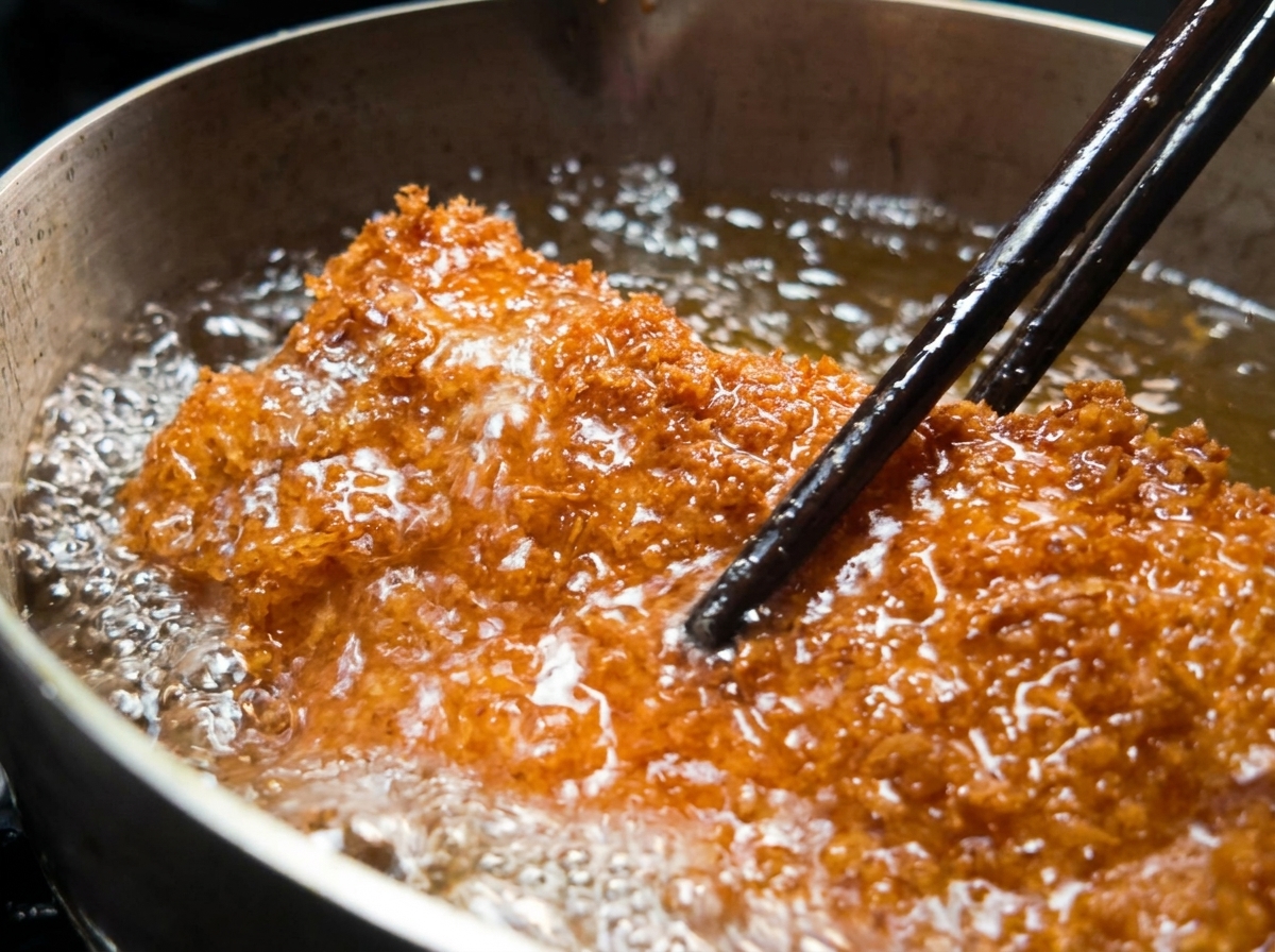 A perfectly golden-brown, crispy breaded pork chop being lifted out of bubbling hot oil with a pair of dark chopsticks.