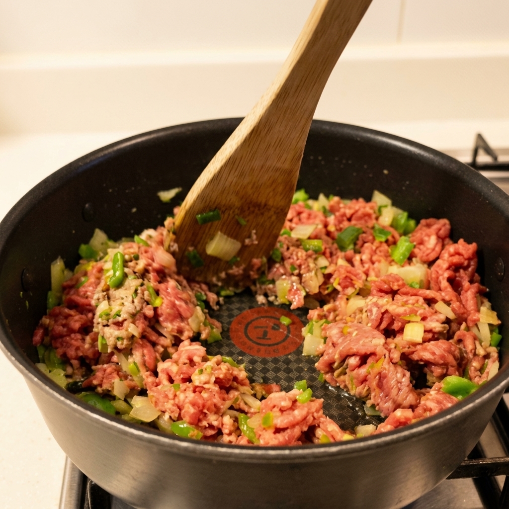 Ground beef being broken up and stirred with a wooden spatula in a pan with diced vegetables.