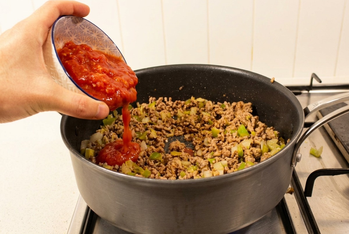 Thick red crushed tomatoes being poured from a small bowl into a pan of browned ground beef.