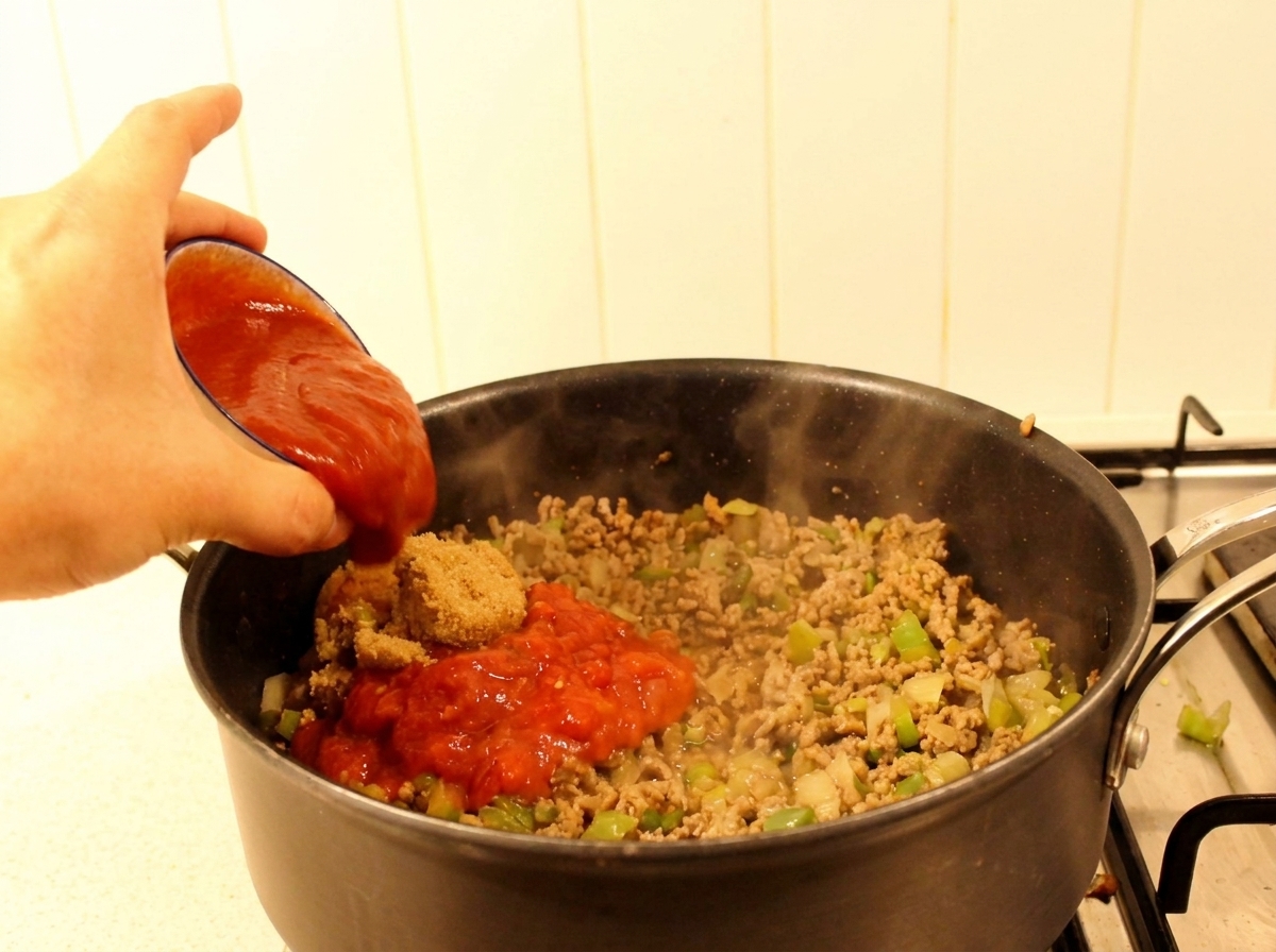 Pouring thick tomato sauce and adding a mound of brown sugar into a pan filled with browned ground beef and green peppers.