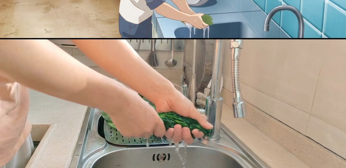 Hands tightly squeezing a clump of cooked spinach over a stainless steel sink to drain excess water.