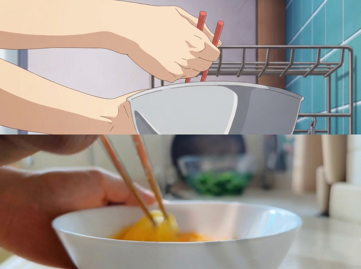 Hands holding chopsticks to beat raw eggs inside a white bowl.