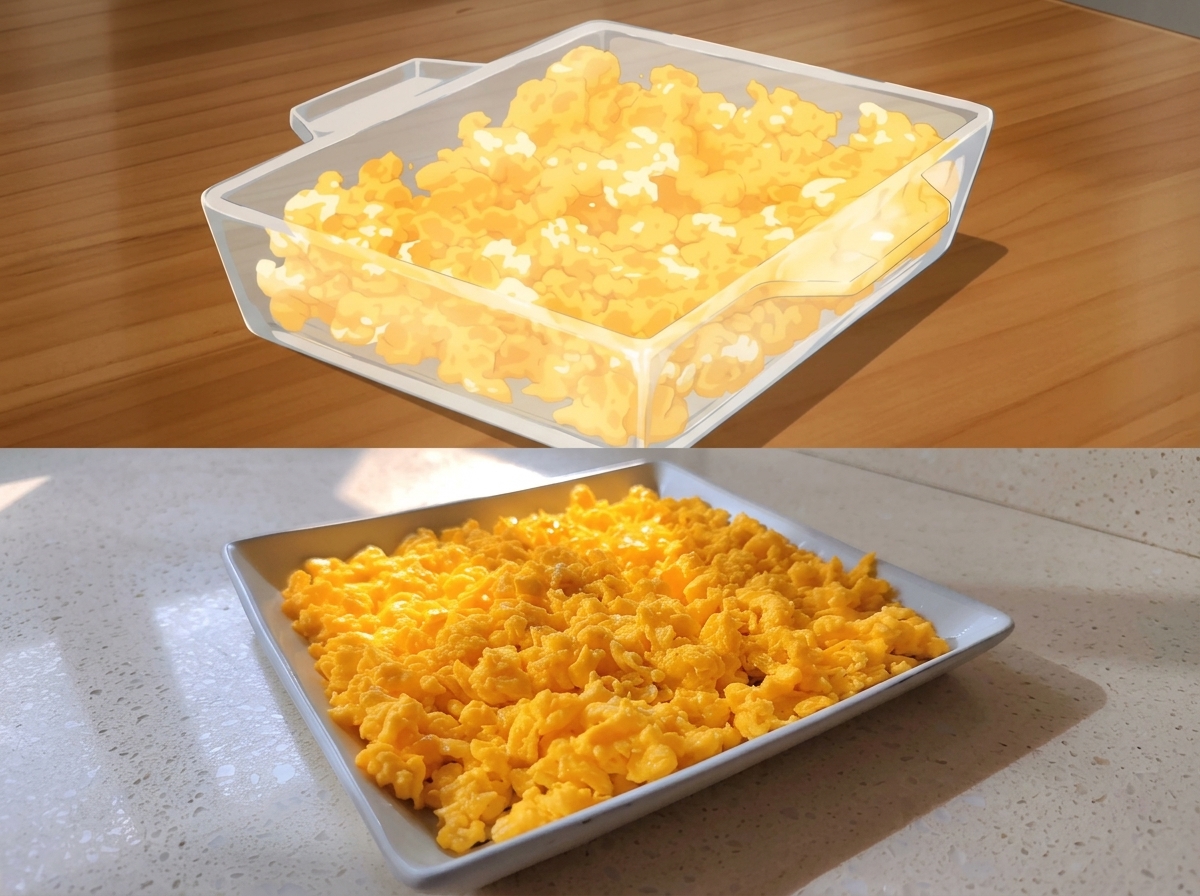 A rectangular dish filled with freshly cooked, fluffy yellow scrambled eggs.
