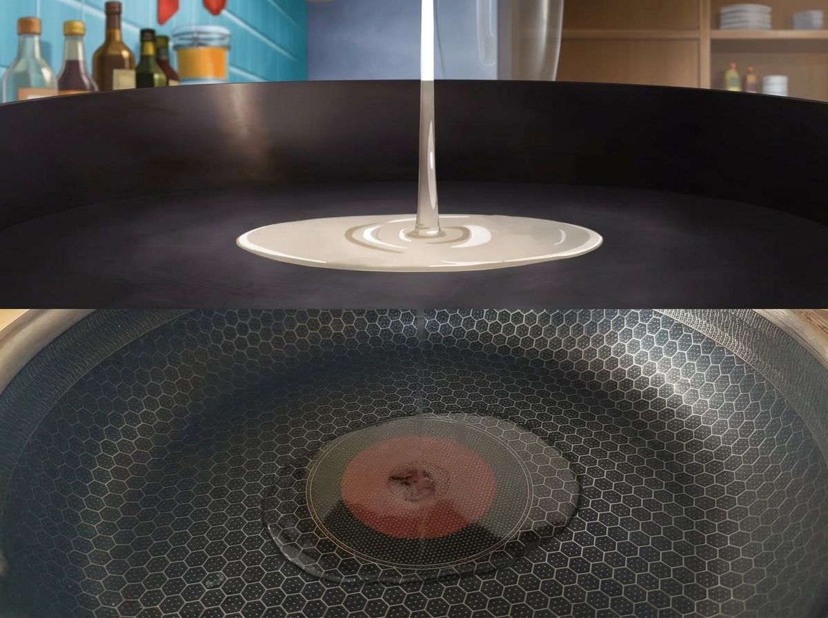 A stream of cooking oil being poured into a hot black frying pan.