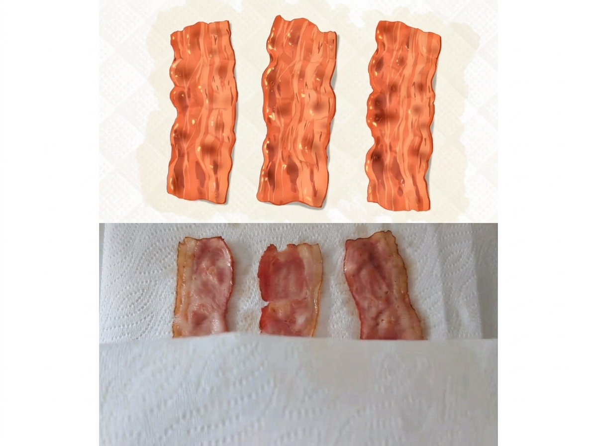 Three strips of browned, cooked bacon placed on a white paper towel to drain.