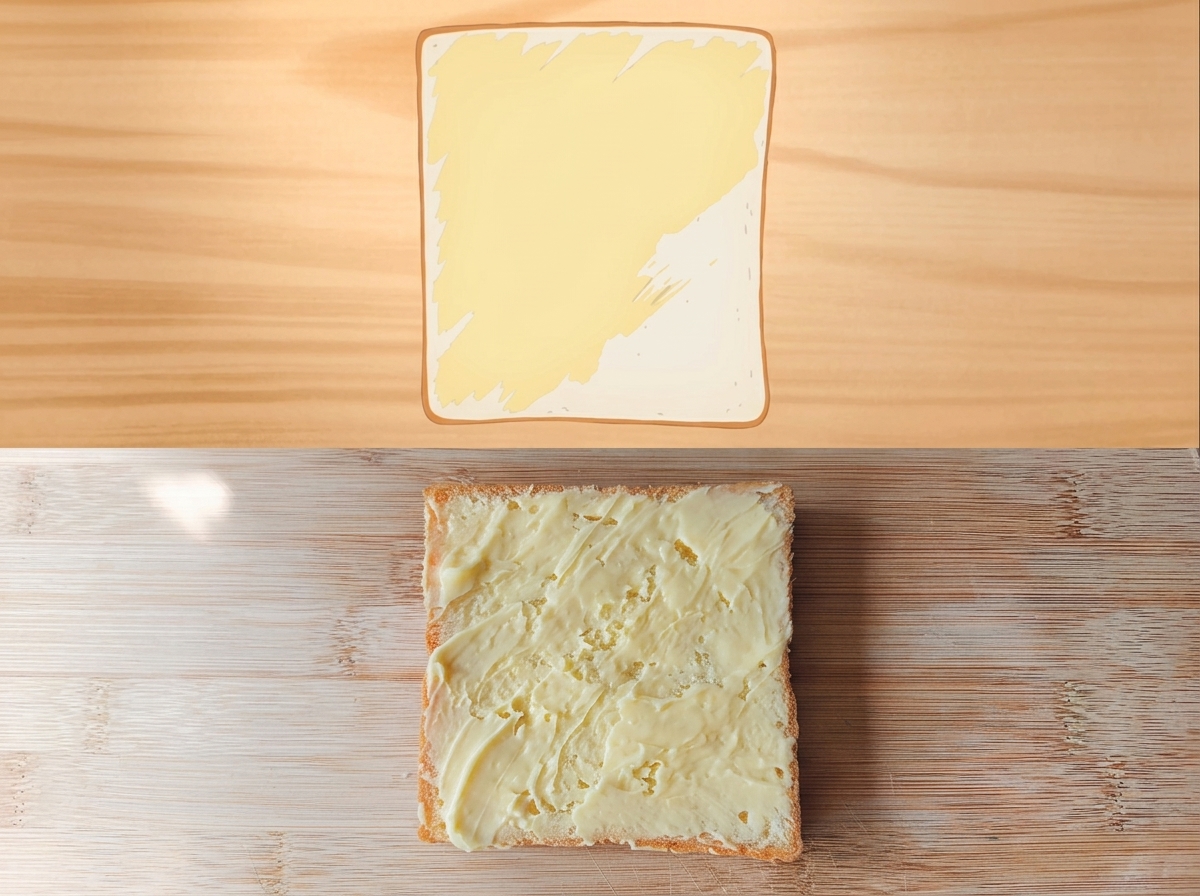 A slice of white bread coated evenly with a pale yellow mustard butter spread.