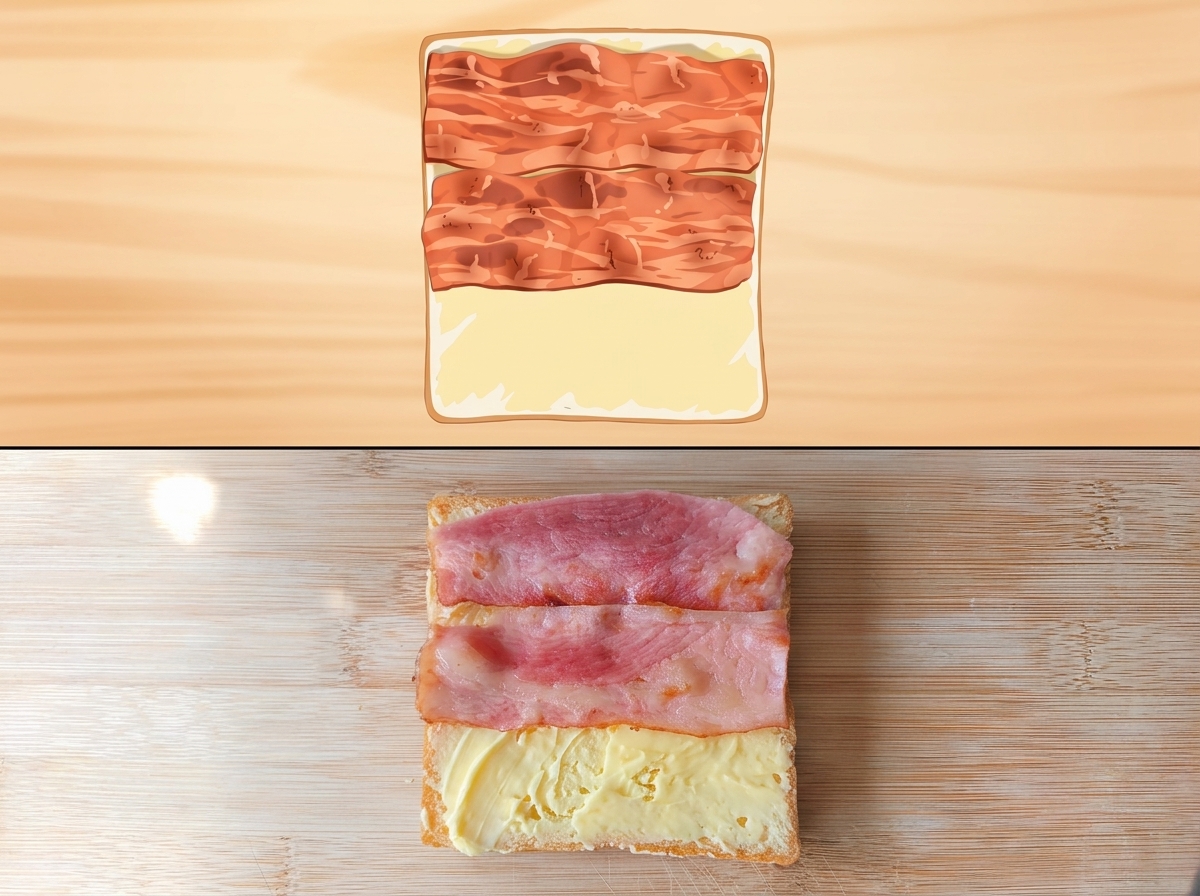 Three slices of cooked bacon placed on a slice of buttered bread.