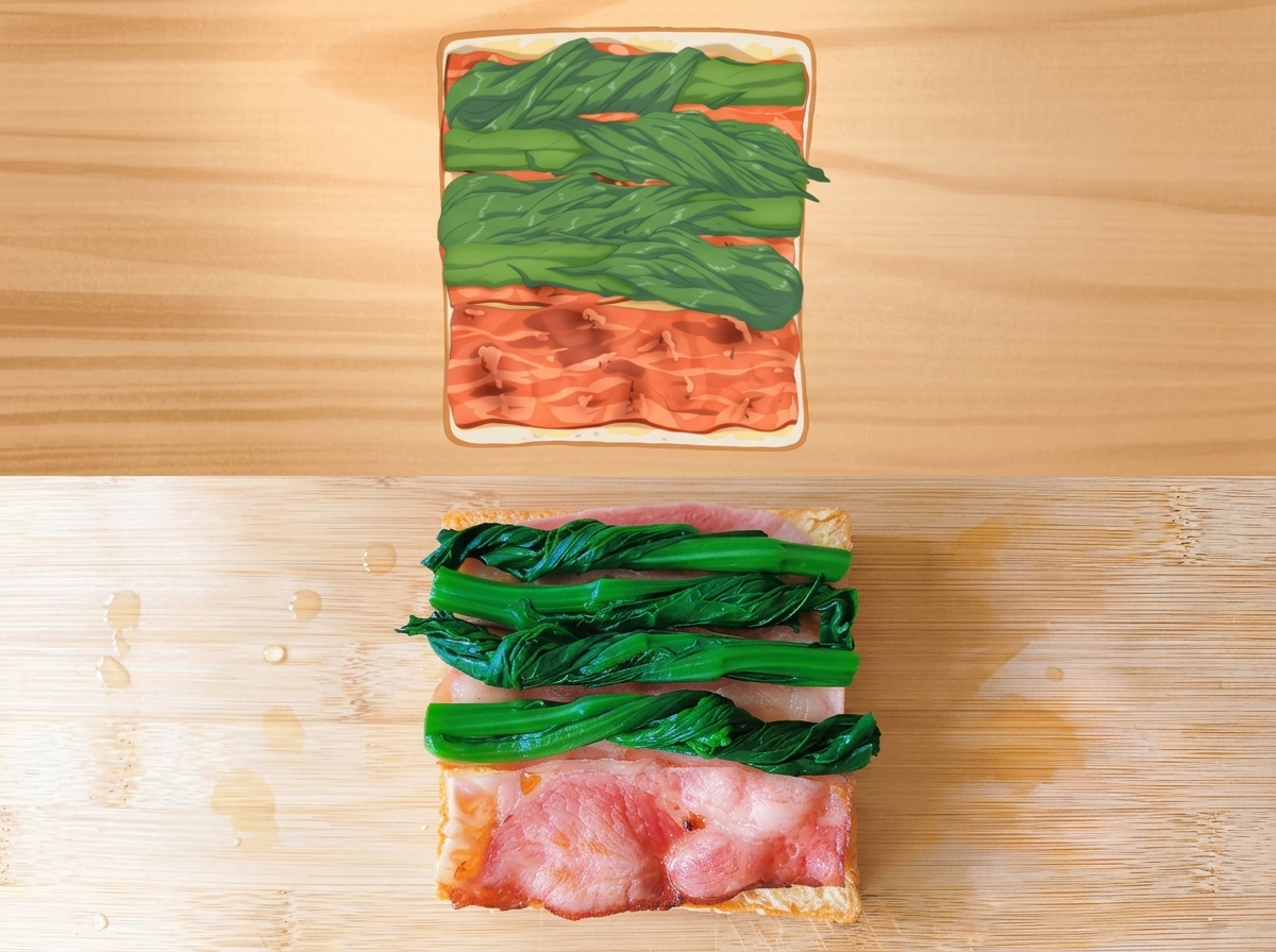 Blanched green spinach neatly arranged on top of cooked bacon on a slice of bread.