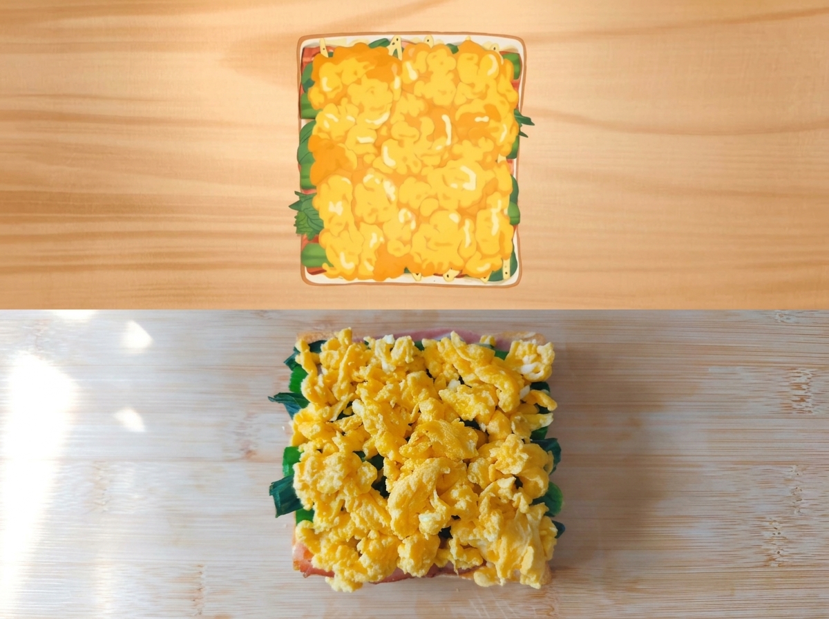 Fluffy scrambled eggs piled on top of spinach, bacon, and sauce on a slice of bread.