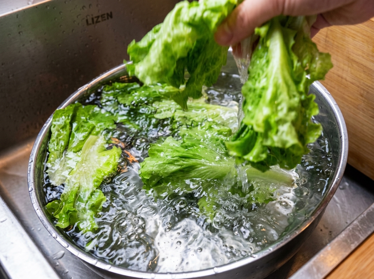 A hand washing crisp green lettuce leaves in a metal bowl filled with water.