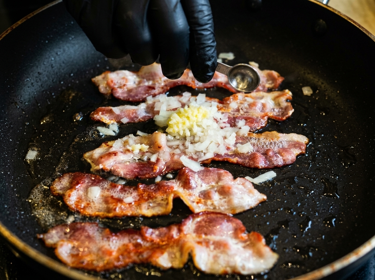 A black-gloved hand using a measuring spoon to add minced onions and garlic over sizzling bacon strips.