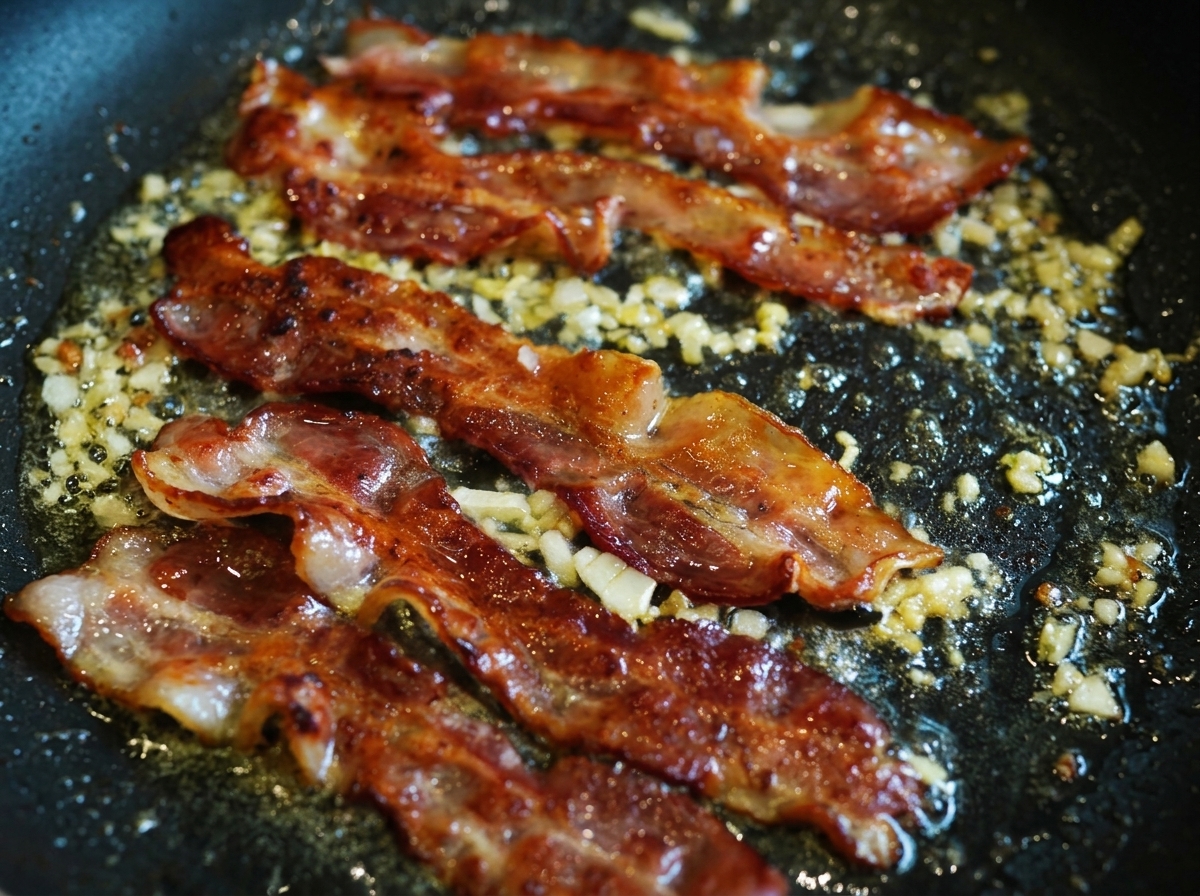 Crispy bacon strips simmering in a dark, glossy honey and vinegar glaze with minced aromatics in a frying pan.