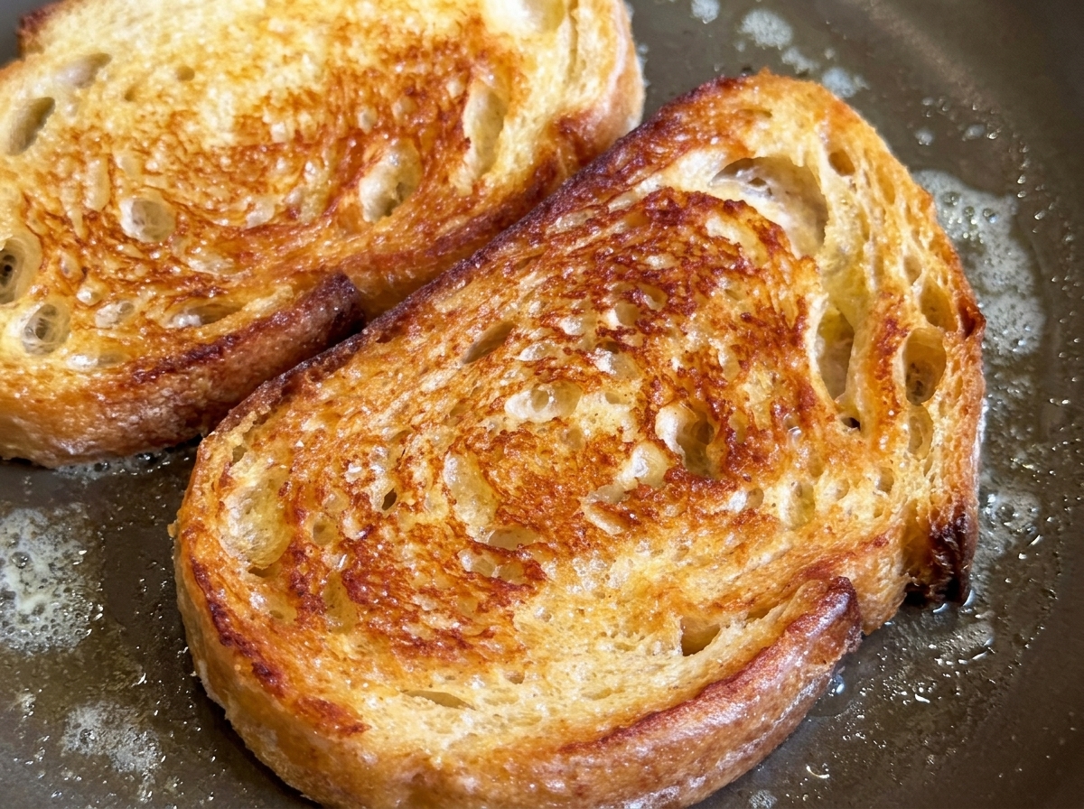Two slices of artisan bread toasting to a golden brown in a lightly oiled pan.