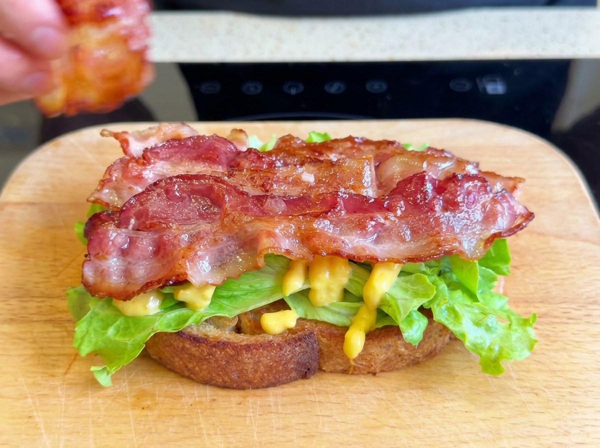 Cooked, shiny bacon strips being layered on top of fresh lettuce over a slice of toasted bread.