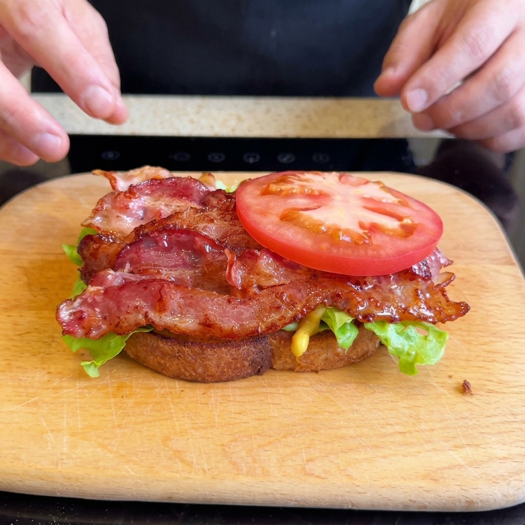 A thick slice of vibrant red tomato placed perfectly on top of a stack of crispy bacon inside a sandwich.