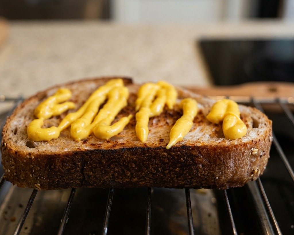 A thick slice of toasted artisan bread resting on a wire rack, covered with zigzag lines of yellow sauce.