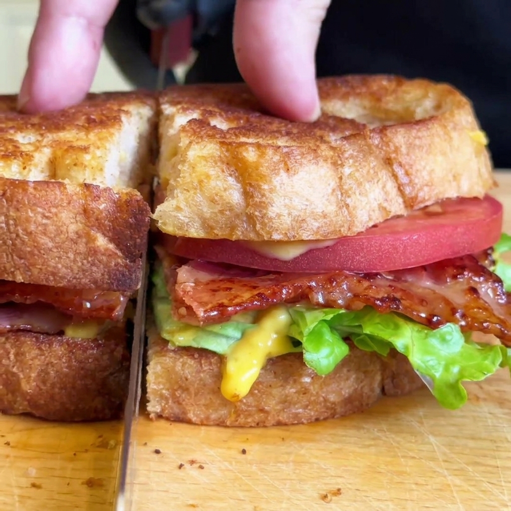 Fingers gently pressing down on a thick, assembled BLT sandwich while a serrated knife slices it down the middle.