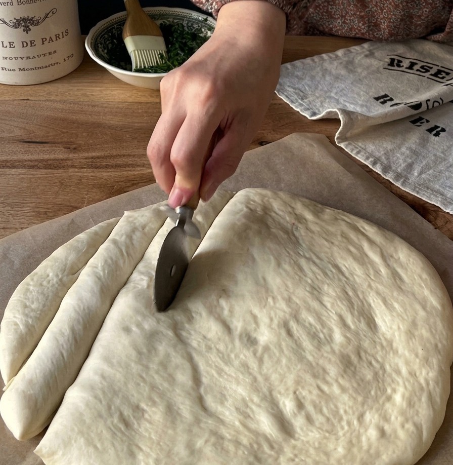 A hand holding a metal pizza cutter and scoring a grid pattern into a round of flattened raw dough on brown parchment paper.