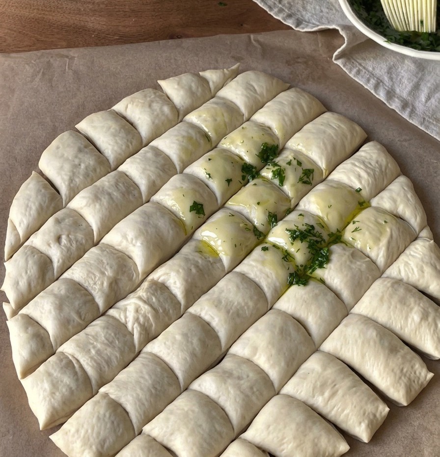A circular pizza dough scored into small squares, with some sections glistening from a green garlic and herb oil mixture being applied with a pastry brush.