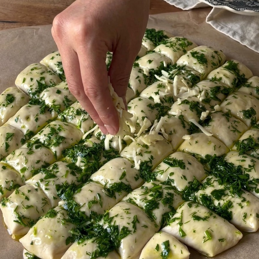 Shredded mozzarella cheese being sprinkled by hand over a round of dough coated in green garlic and herb oil.