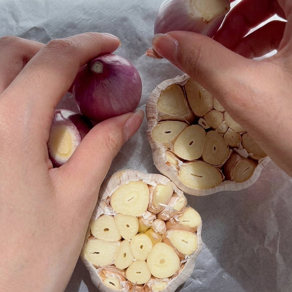 A close-up shot of raw garlic heads with their tops cut off, being drizzled with oil on a sheet of parchment paper.
