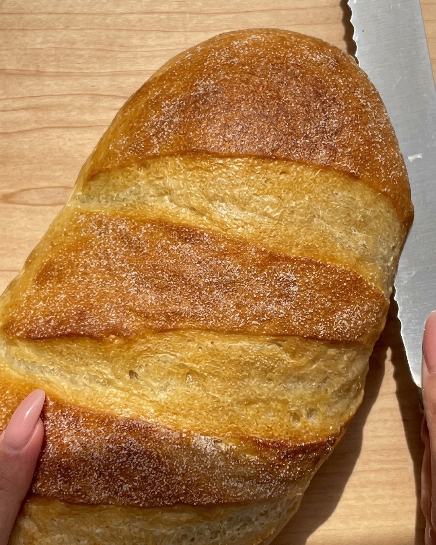 A hand using a serrated knife to slice a crusty loaf of bread horizontally on a wooden board.