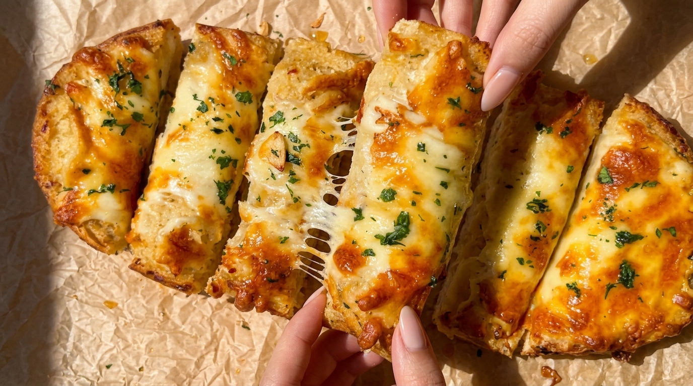 Golden-brown roasted garlic bread with a dramatic mozzarella cheese pull