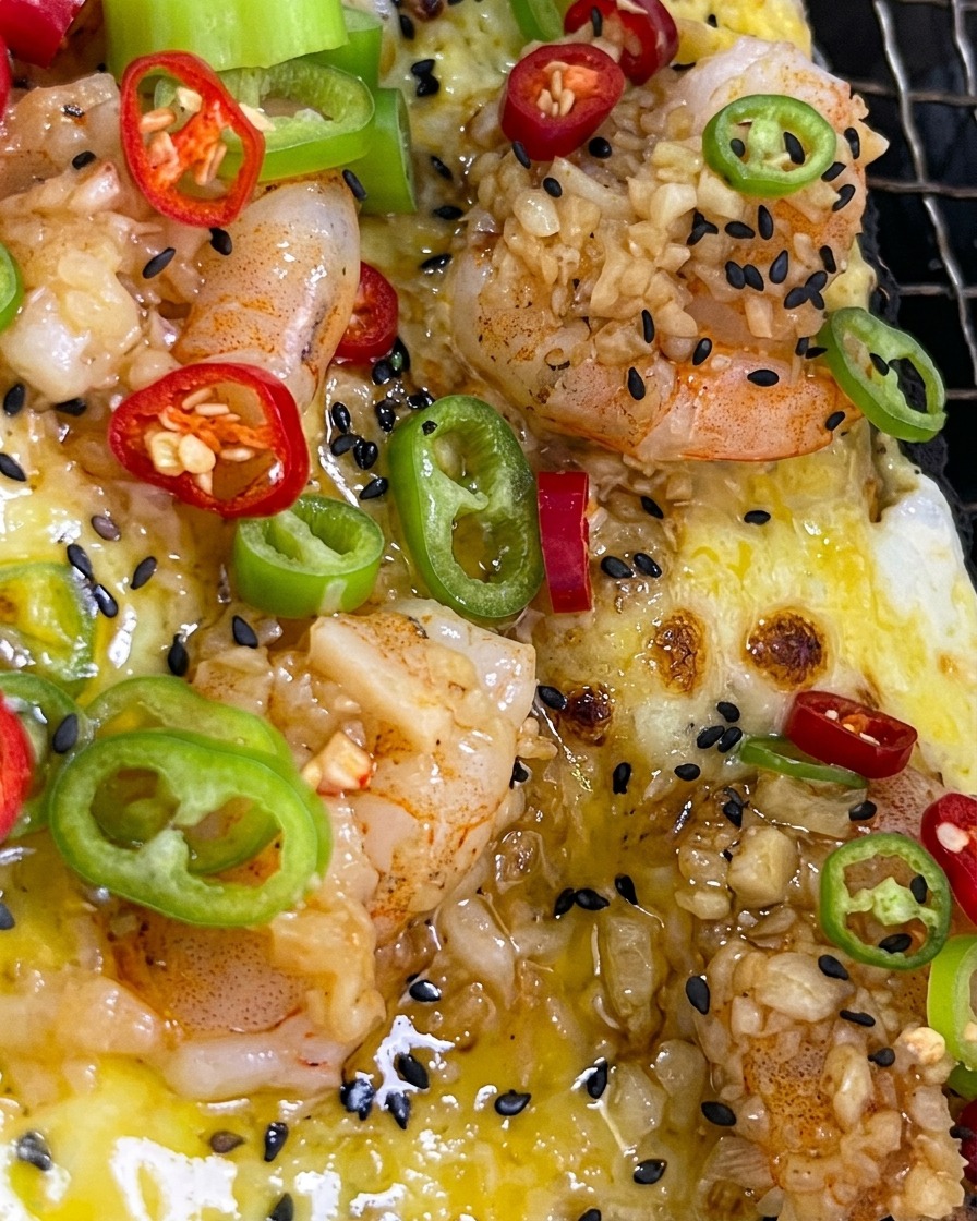 Freshly sliced red and green chilies scattered over a steaming charcoal-grilled shrimp pizza.