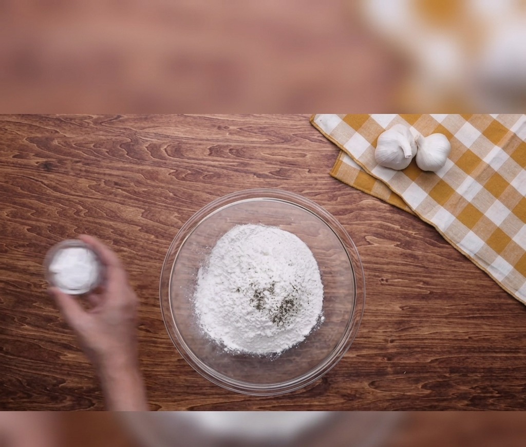A hand pouring baking powder from a small glass ramekin into a large glass bowl filled with white flour on a wooden surface.