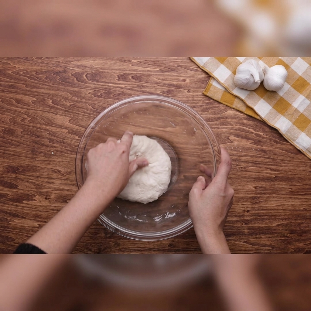 Two hands kneading a ball of white dough inside a clear glass bowl on a wooden background.