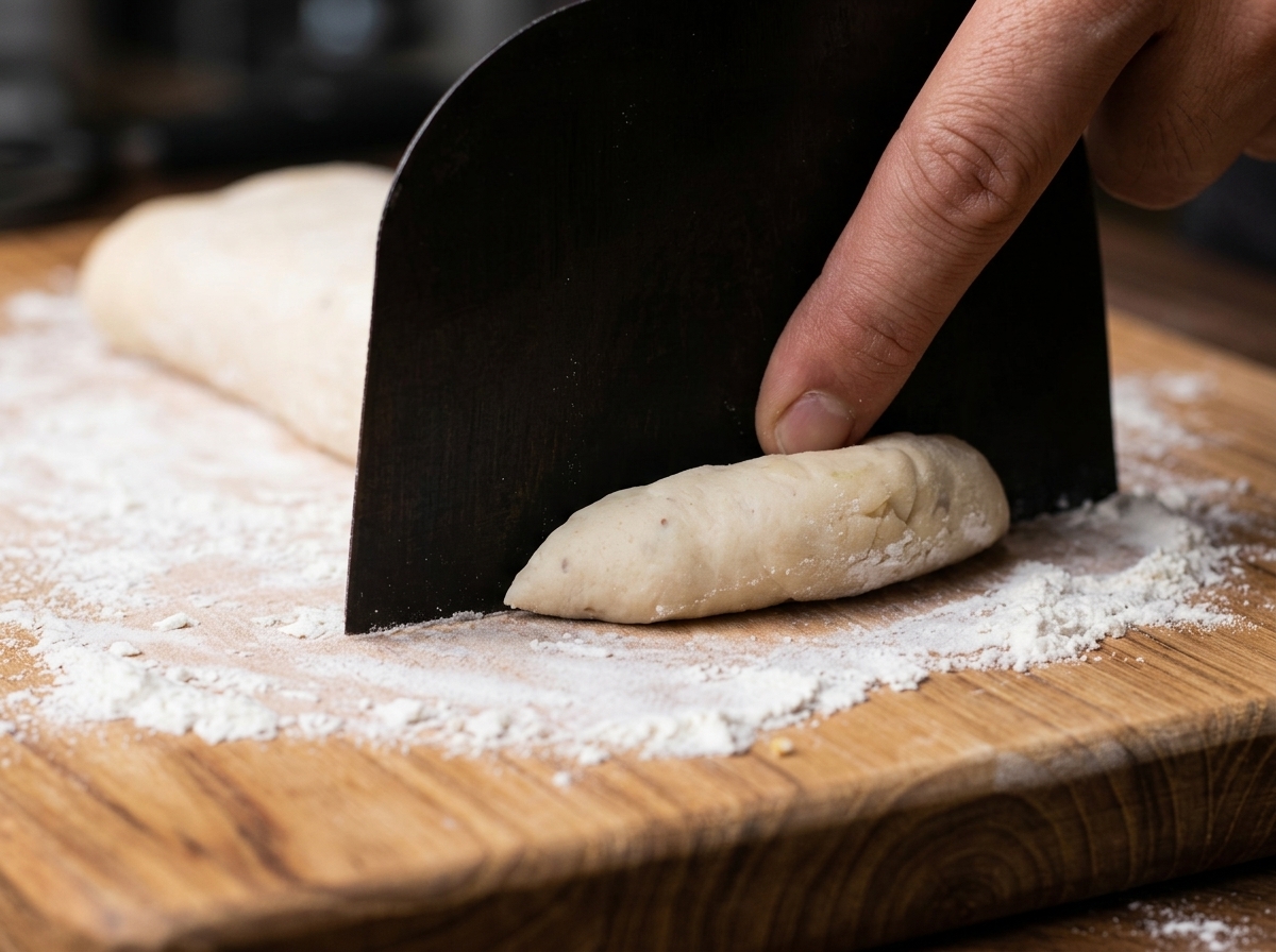 A close-up shot of a hand using a black metal dough scraper to slice a piece of dough on a wooden cutting board.