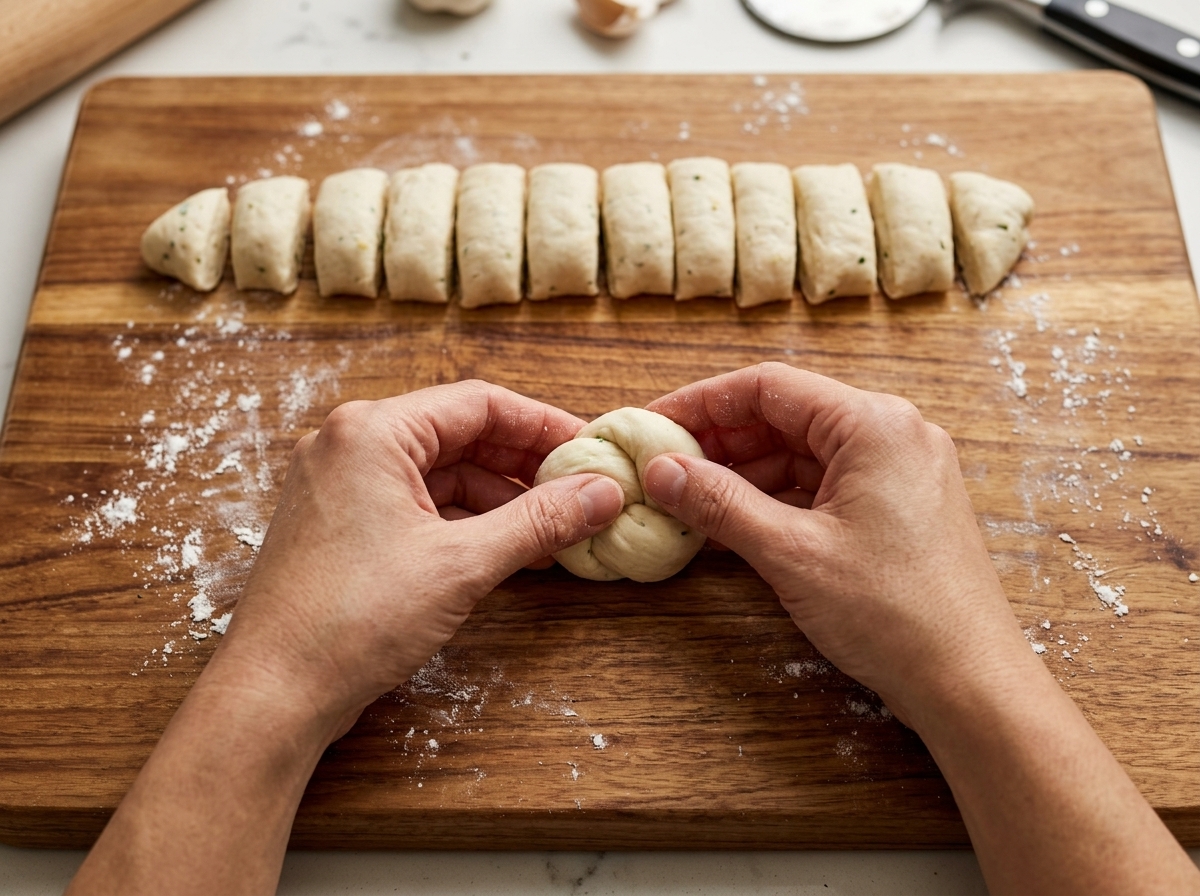 Hands carefully tying a strip of raw dough into a knot on a wooden board with other cut pieces in the background.