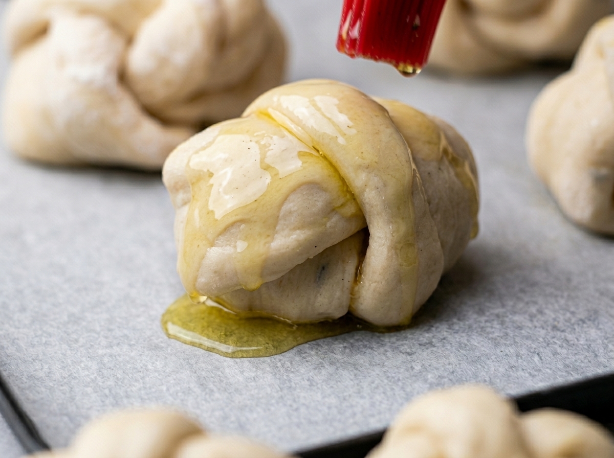 A red silicone brush applying olive oil to a raw dough knot resting on white parchment paper.