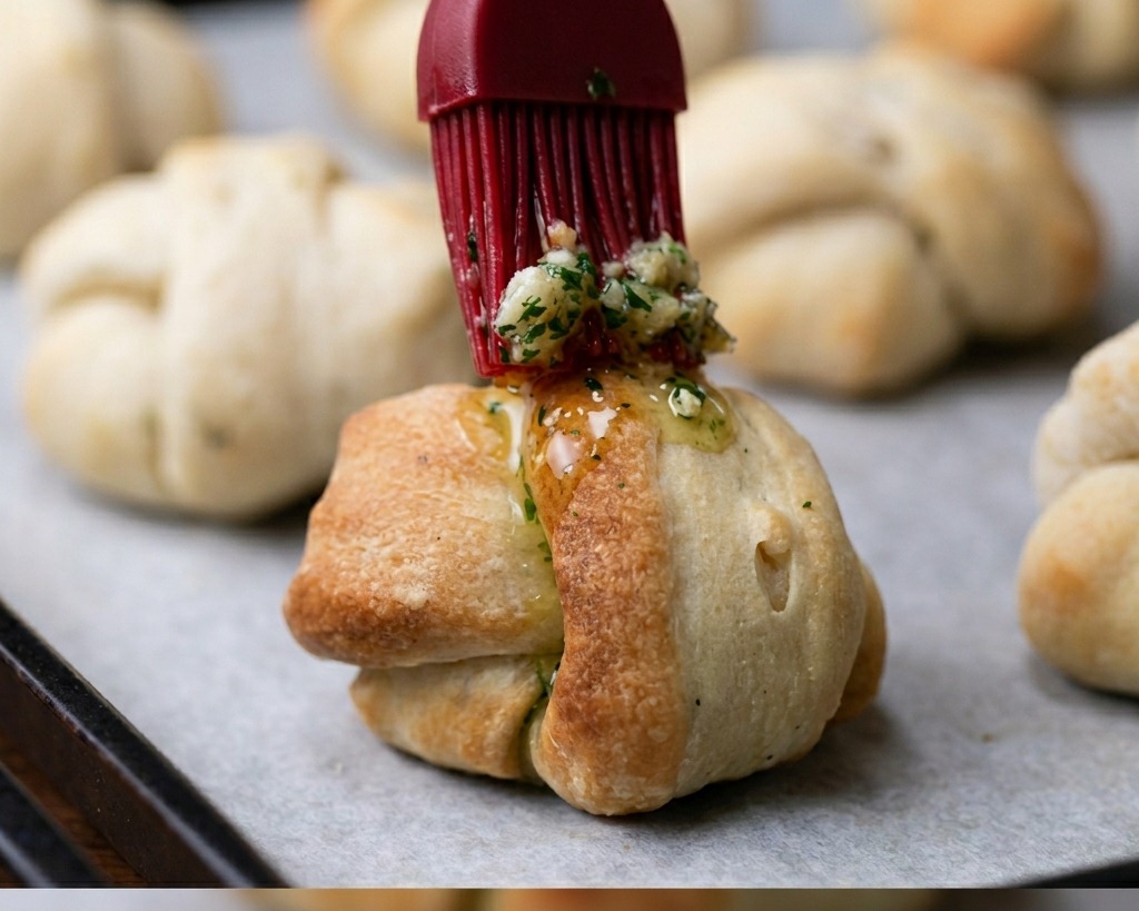A close-up shot of a red silicone brush applying garlic and parsley butter onto a golden-brown baked dough knot on a baking sheet.