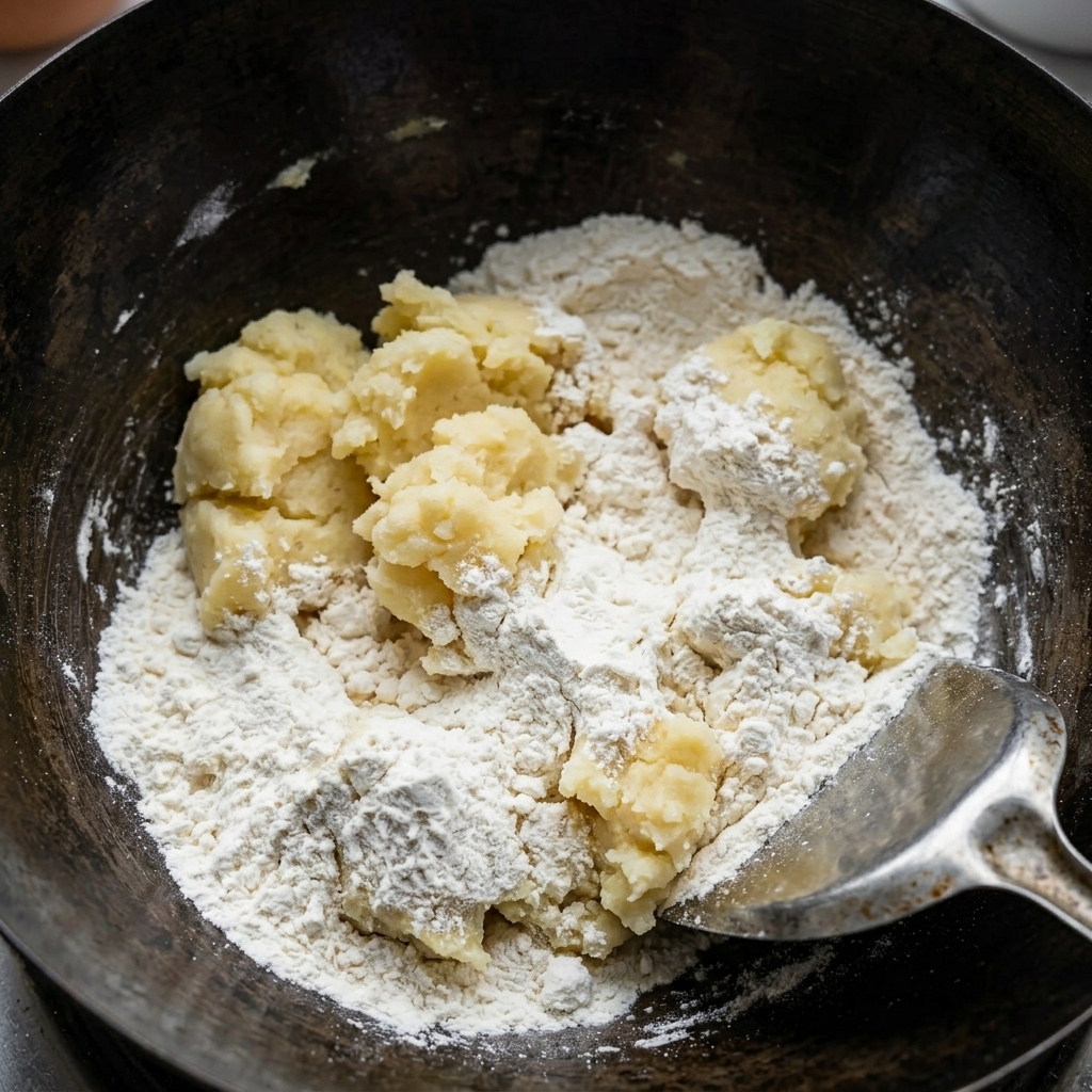 A metal spatula stirring white flour into melted butter in a dark pan to form a thick roux paste.