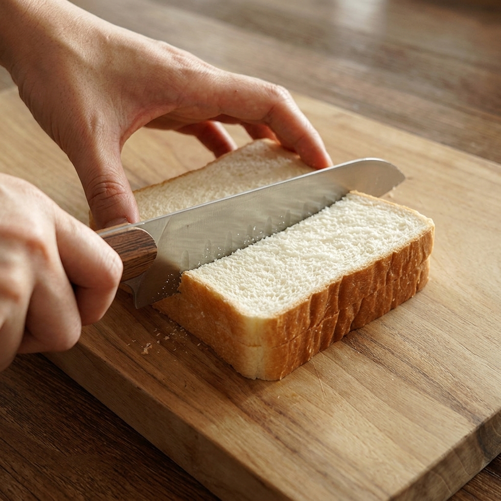 A close-up shot of a hand holding a knife to cut through two slices of white bread on a wooden board.