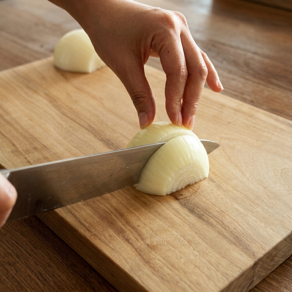 A knife dicing a white onion into small pieces on a light-colored wooden surface.