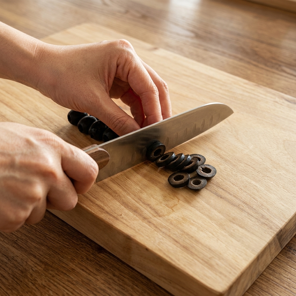 A close-up of black olives being sliced into rings on a wooden cutting board.