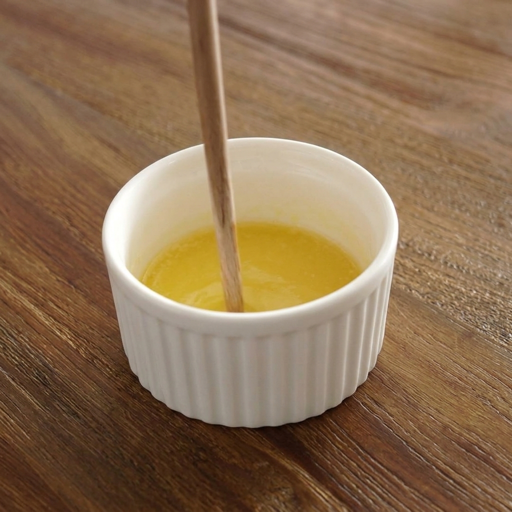 A wooden spoon dropping a scoop of white minced garlic into a small white fluted ramekin containing melted yellow butter.