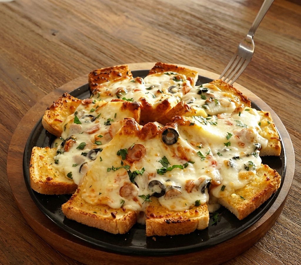 Several rectangular slices of white cheese layered in the middle of a circular bread arrangement.