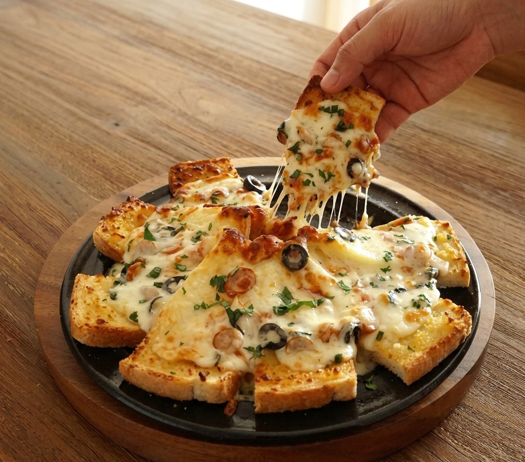 Three dollops of bright red tomato sauce sitting on top of white cheese slices in the center of the bread pizza.