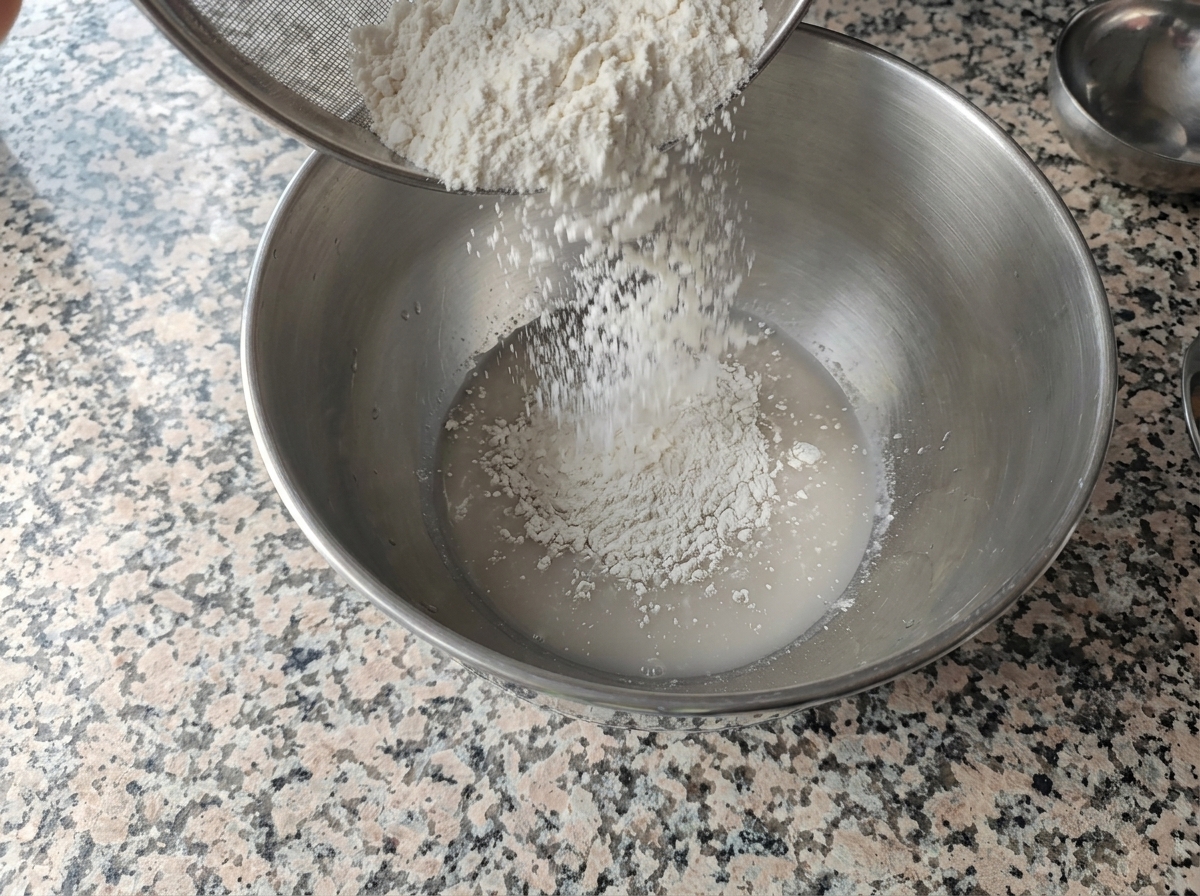 White flour being added from a mesh sieve into a stainless steel bowl containing a liquid yeast mixture.