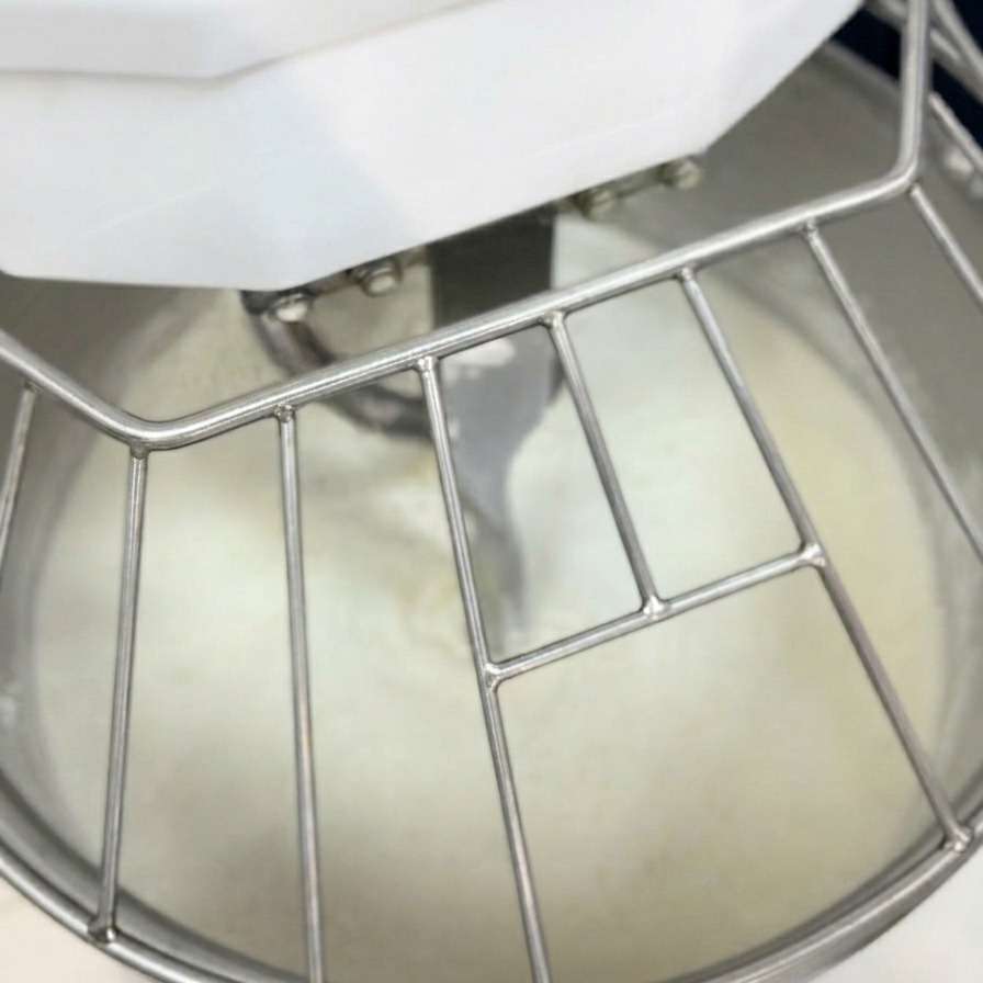 Ice water being poured into a commercial spiral mixer containing flour, seen through the metal safety guard.