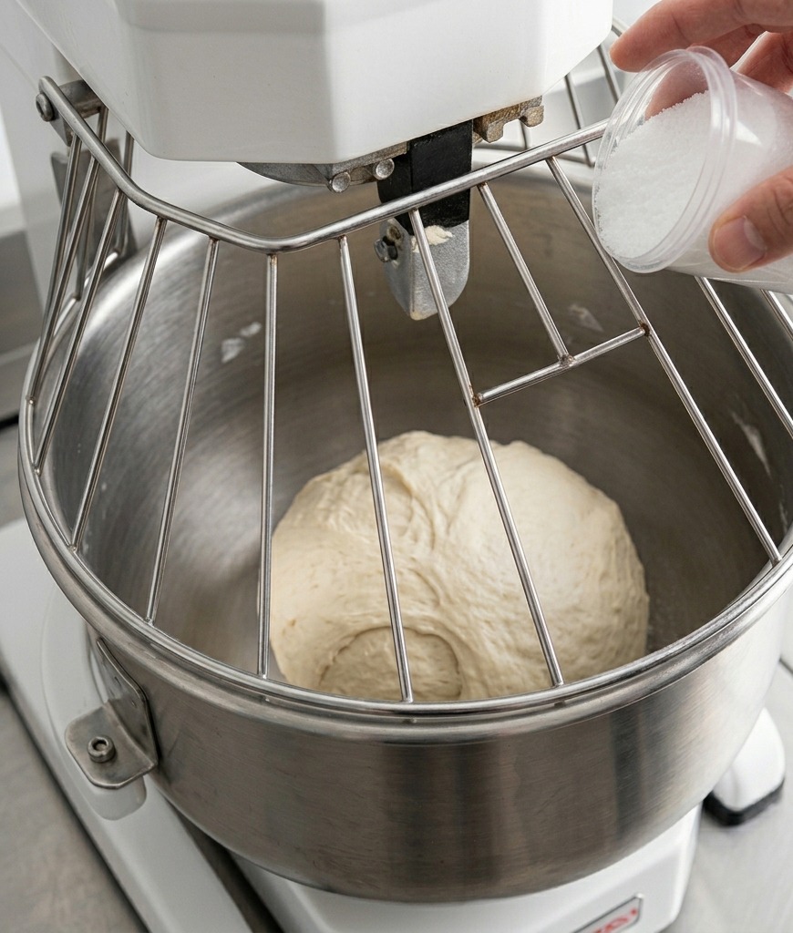 A hand pouring fine white salt from a small clear container into a metal mixer bowl containing a large ball of pizza dough.