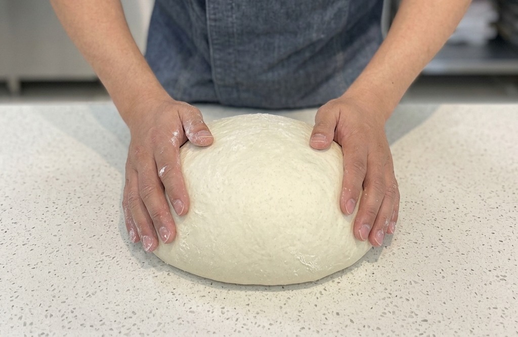 Chefs hands folding a large ball of dough on a white countertop to create a smooth surface.