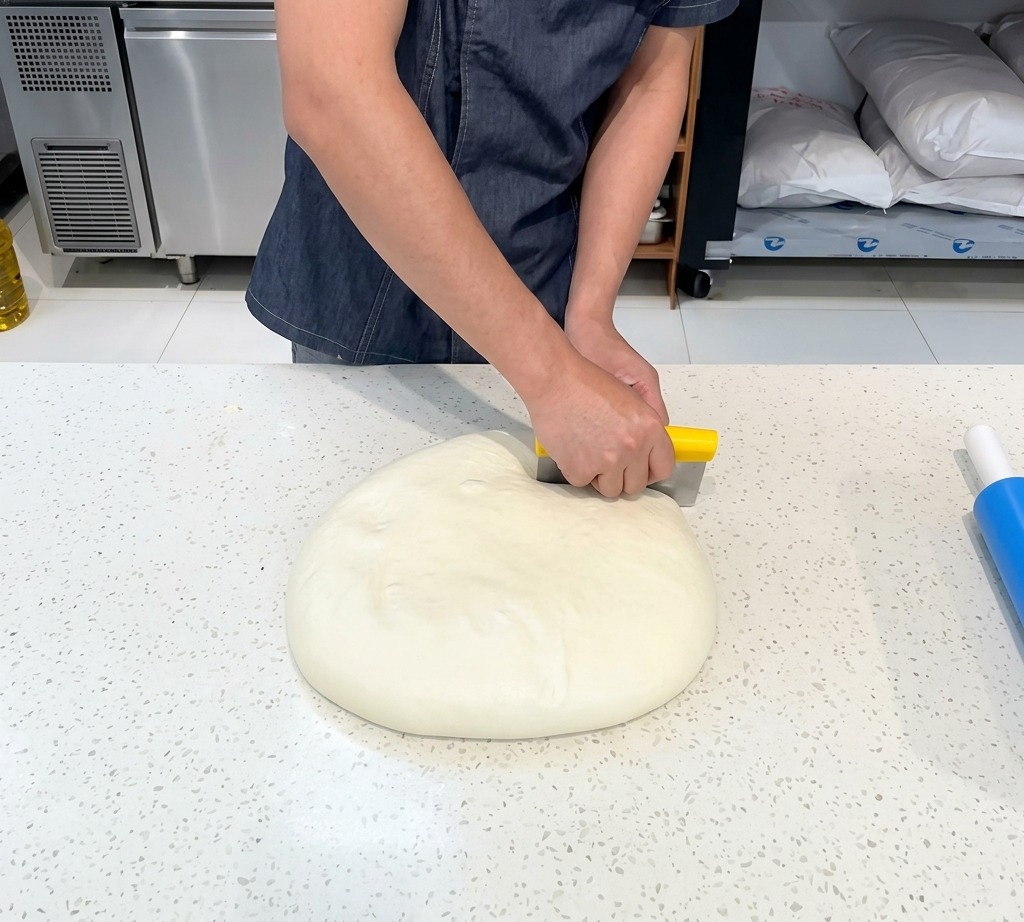 Hands using a yellow-handled metal bench scraper to cut into a large piece of rested pizza dough on a white speckled surface.