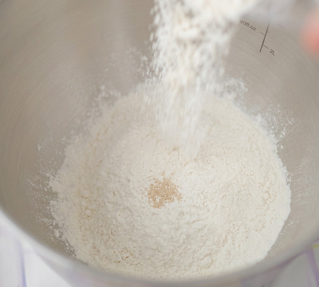 Sifting white flour into a stainless steel mixing bowl that already contains yeast and salt.