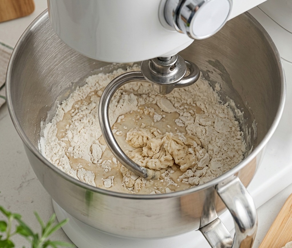 A white stand mixer using a metal dough hook to knead a shaggy pizza dough in a stainless steel bowl.