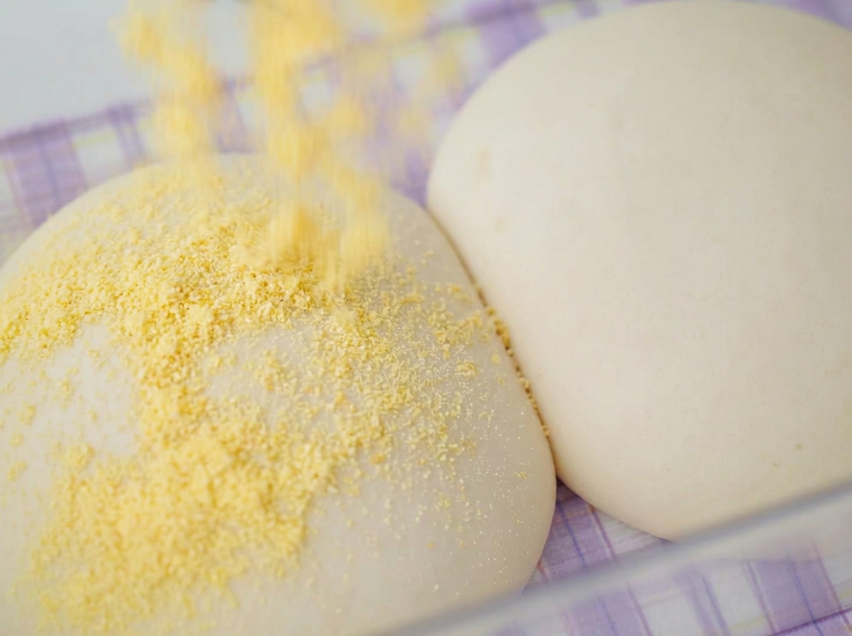 Fine yellow cornmeal being showered onto a rounded pizza dough ball on a floured surface.