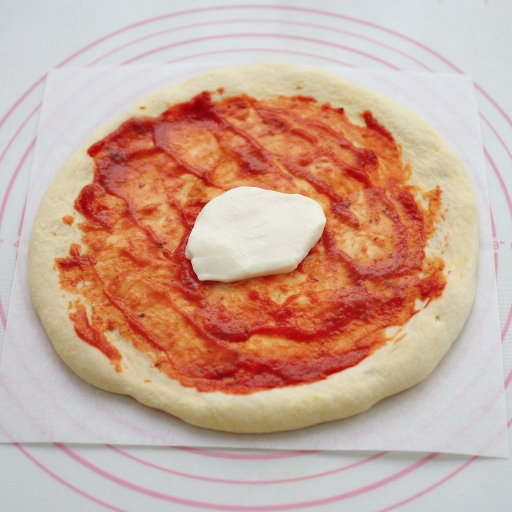 A slice of fresh white mozzarella cheese being placed onto the center of a sauced pizza base.